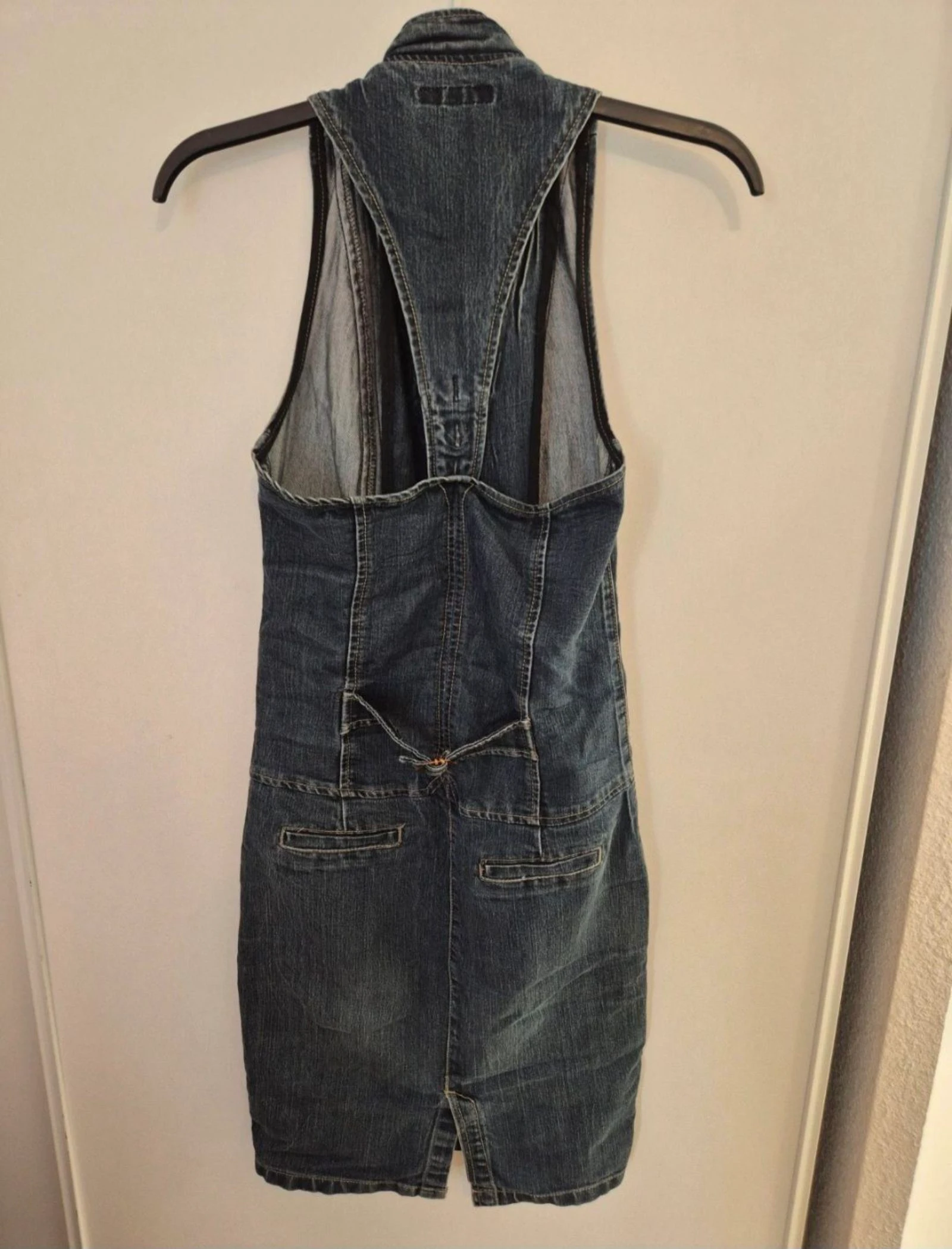 Robe jeans Original PP 34 sem mangas azul denim corte ajustado botões bolsos casual moderno – photo 5